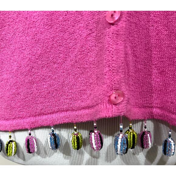 Design Options Philip Jane Gordon Bright Pink Beaded Fringe Cardigan Women’s M - Picture 5 of 10